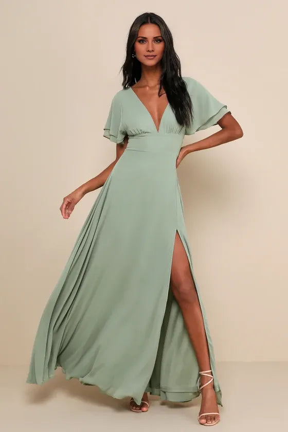 TingPo Wholesale Signature Elegance Promise Of Love Sage Brush Flutter Sleeve Maxi Dress formal wear dresses
